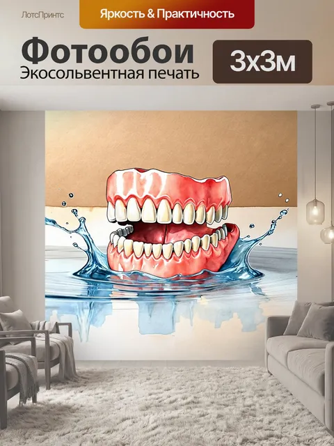 Фотообои натюрморт, в котором челюсть и несколько искусственных зубов размещены на поверхности с текстурой дерева