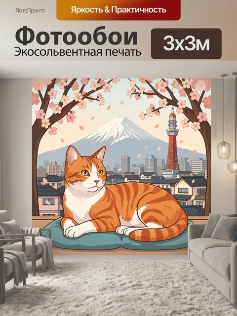 Фотообои Кот с видом на Фудзи и Токио