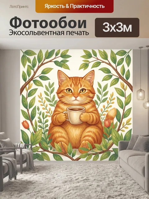 Фотообои Рыжий кот с чашкой кофе