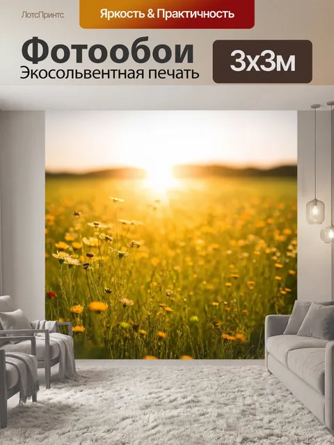 Фотообои закат, луг, усыпанный дикими цветами, звуки шороха насекомых, вечерний яркий пейзаж, мягкий солнечный свет,