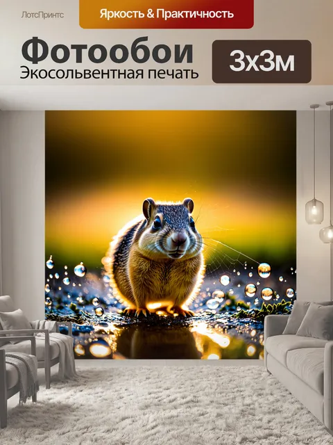 Фотообои суслик, пробирающийся сквозь паутину утренней росы, на фоне светящихся капель воды, освещенных восходящим…