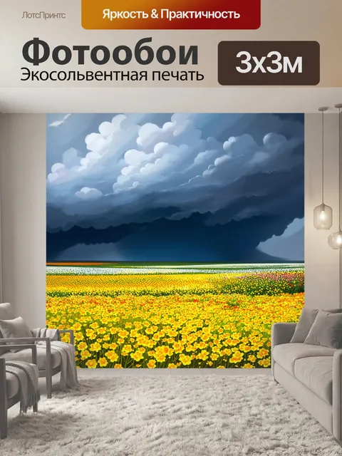Фотообои северная корейская природа, поля с цветами, усыпанные яркими лепестками, грозовые облака на горизонте