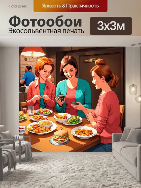 Фотообои в стиле иллюстрация с изображением взаимодействия людей и еды в уютной обстановке