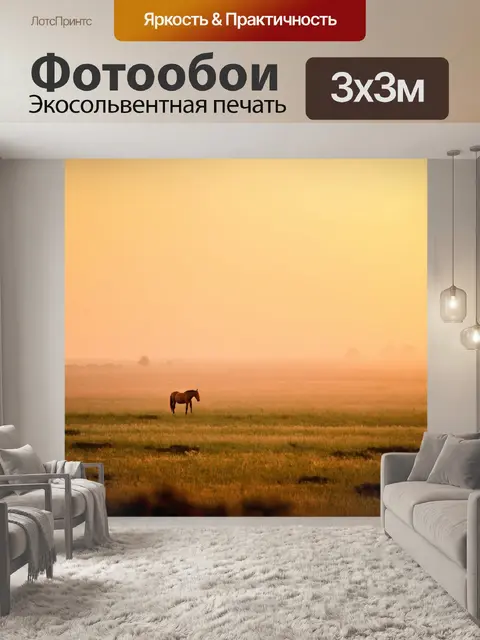 Фотообои с небом, раннее утро на равнине, легкий туман, золотистое небо с затухающим светом, одна лошадь пасется на…