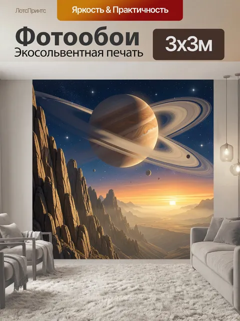 Фотообои Космический пейзаж с планетой и кольцами