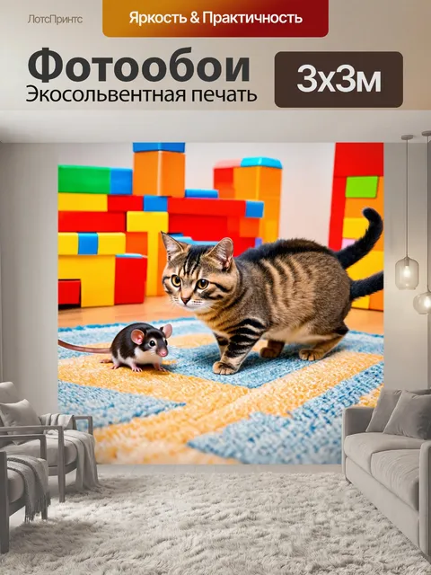 Фотообои с кошкой, играющей на ковре, устроившей маленький баттл с мышкой и лабиринтом из коробок, с яркими игрушками…