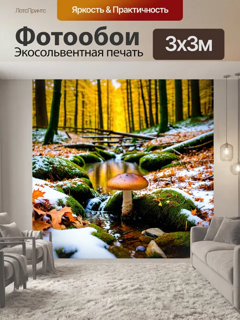 Фотообои осень природа готовится к зиме, поляна с грибами, листья клены, красивый лесной поток, хрустящий снег