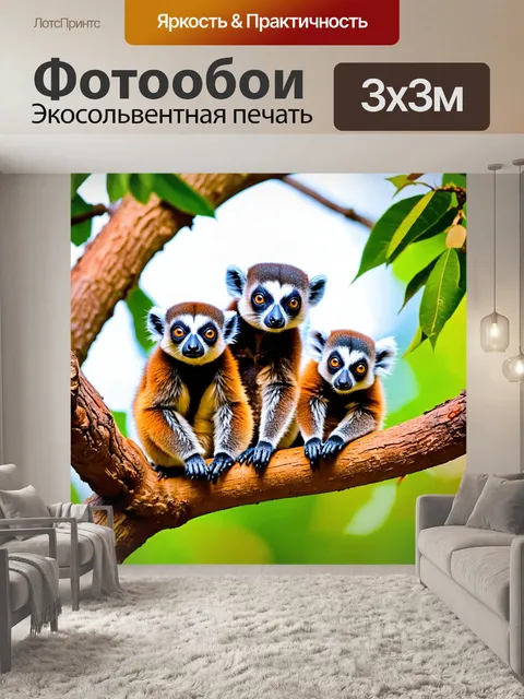 Фотообои милое семейство древесных лемуров, наблюдающих за окружающим миром с ветки