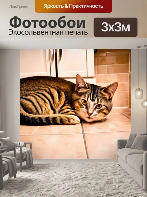 Фотообои кот, прижимаясь к теплой плитке на кухне