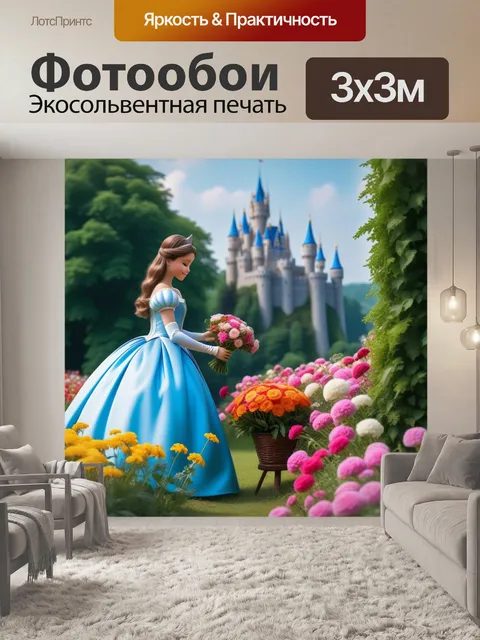 Фотообои замок, окруженный цветами, принцесса собирает букеты