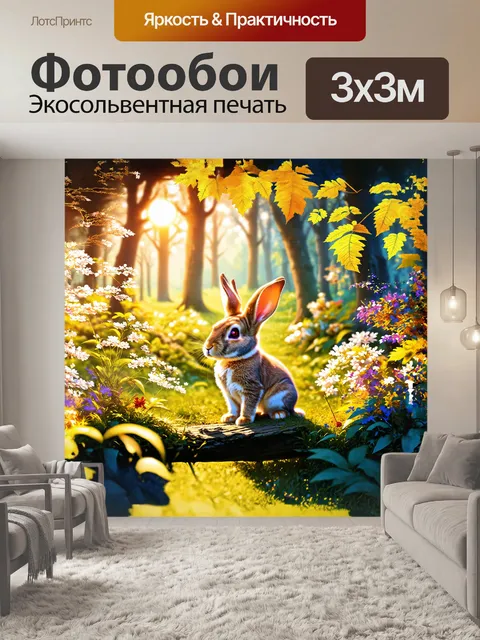 Фотообои на переднем плане — маленький кролик с яркими ушами, сидящий на краю волшебного леса