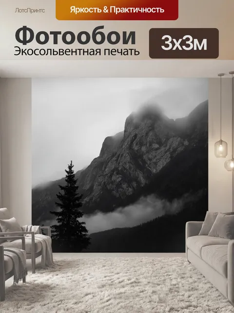 Фотообои черно-белый с изображением высоких гор