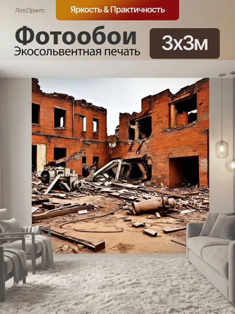 Фотообои кирпичи фон с рухнувшими старыми зданиями и остатками техники