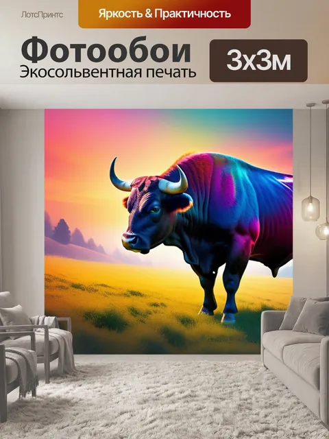 Фотообои пейзаж с быком разноцветный