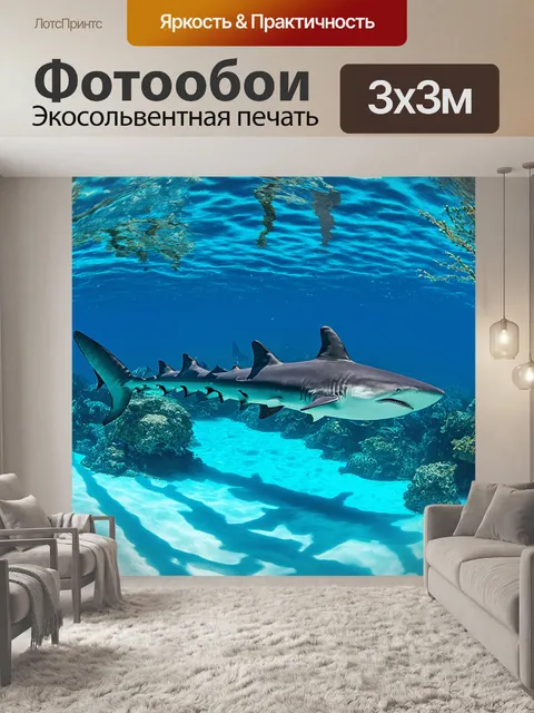 Фотообои акулы, плавающие в кристально чистых водах тропического рая