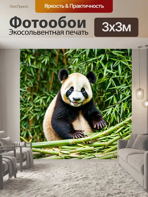 Фотообои маленькая панда, собирающая бамбук с помощью своих маленьких лапок, среди густых кустов