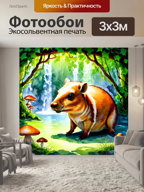 Фотообои капибара, укрывшаяся под крышей лиан, на фоне пейзажа с прозрачными водопадами и светящимися грибами