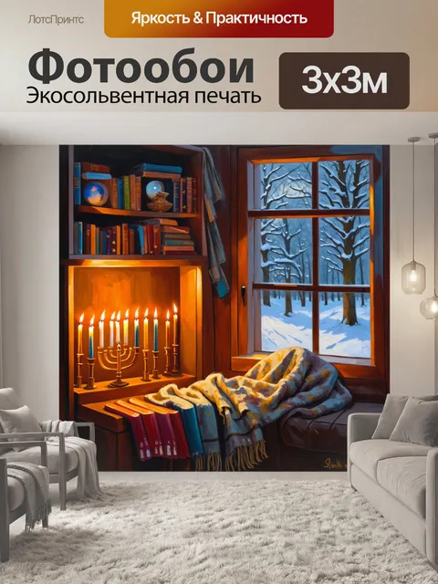 Фотообои уютный уголок с ханукальными книгами и свечами, полка с книгами, теплые одеяла, зима за окном