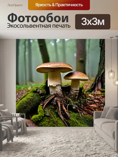 Фотообои грибы подосиновик, расположенные у подножия старого дерева, с корнями, обвивающими грибные шляпки, и клубами…