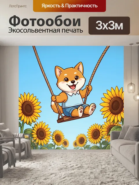 Фотообои Щенок на качелях среди подсолнухов