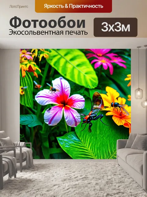 Фотообои тропический пейзаж с великолепными цветовыми композициями и экзотическими насекомыми, порхающими вокруг