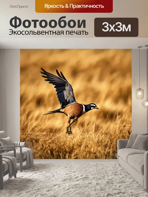 Фотообои птица, охотящаяся на фоне золотистого поля; реалистичная фотография, выделяющая движение и быстрое время охоты