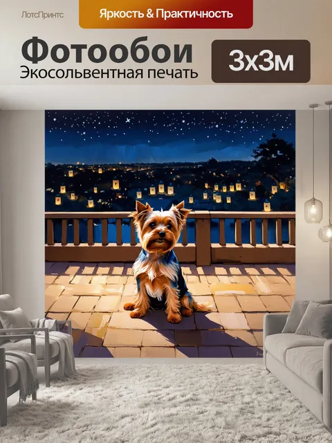 Фотообои ночной вид на террасе, где йоркширский терьер сидит, насматривая за звездами