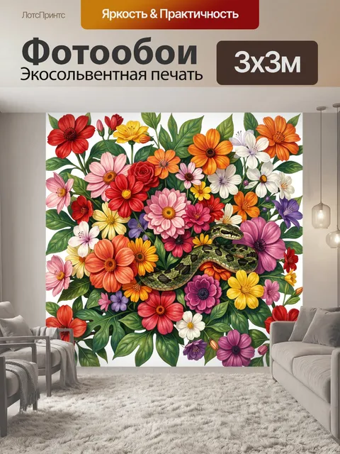 Фотообои Змея среди ярких цветов