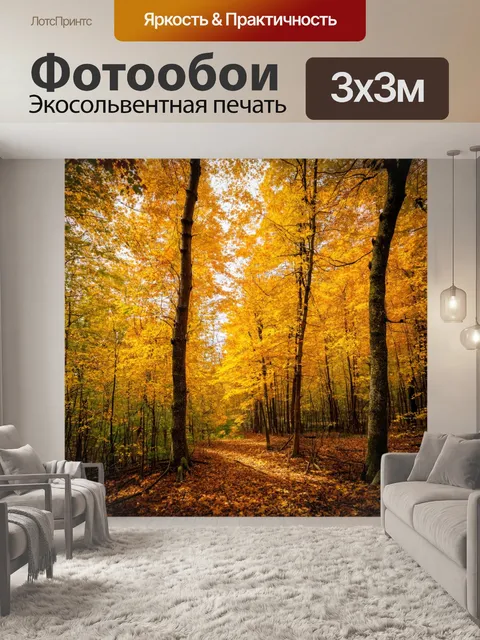 Фотообои осенний лес с золотыми листьями, спокойная обстановка