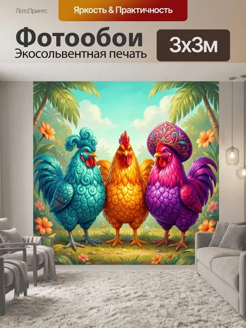 Фотообои Три ярких петуха в тропиках