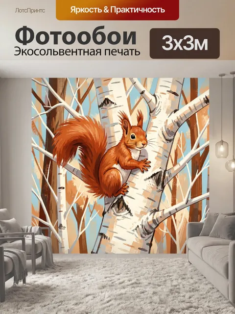 Фотообои Рыжая белка в березовом лесу
