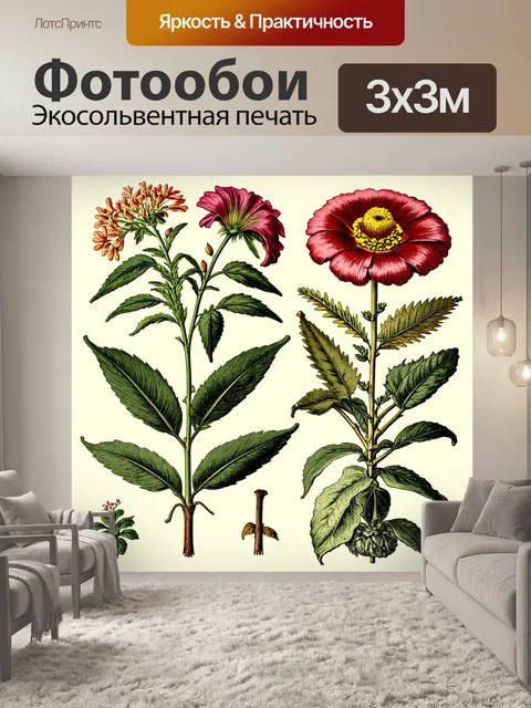 Фотообои винтаж с изображением старинных ботанических иллюстраций цветков и растений