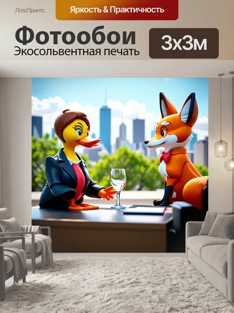 Фотообои офисная утка и ее коллега, лиса, обсуждают дела на крыше со стеклянным видом на город, окруженные зеленью