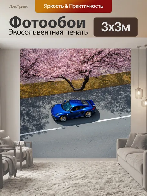 Фотообои вид сверху на спортивную машину, движущуюся по улице с цветущими деревьями