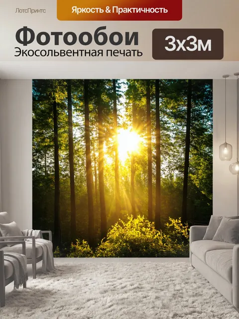 Фотообои природа в стиле эмодзи: солнечные лучи солнца ☀️ пробиваются сквозь деревья в лесу 🌳
