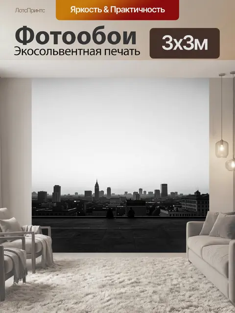 Фотообои Чёрно-белая панорама города с силуэтами