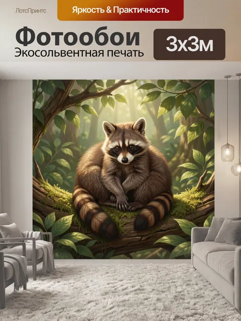 Фотообои Енот на лесной ветке