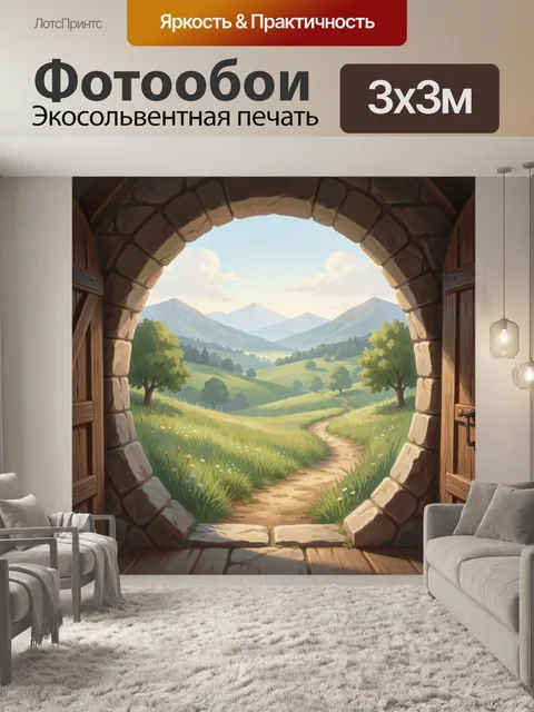 Фотообои Сказочная долина через каменную арку