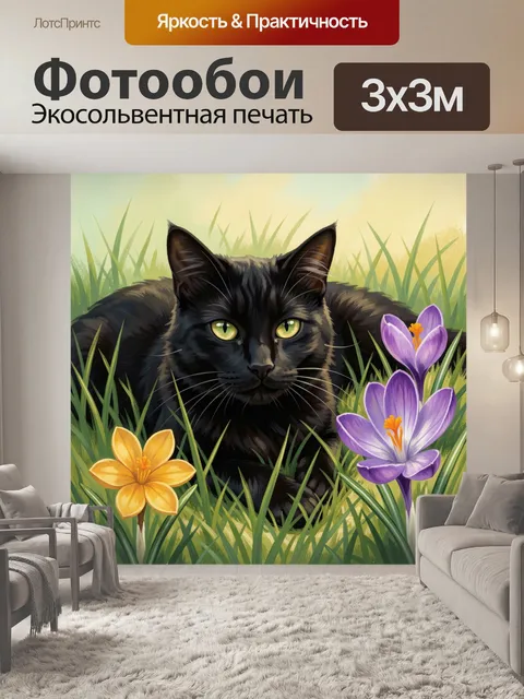 Фотообои Черный кот среди крокусов