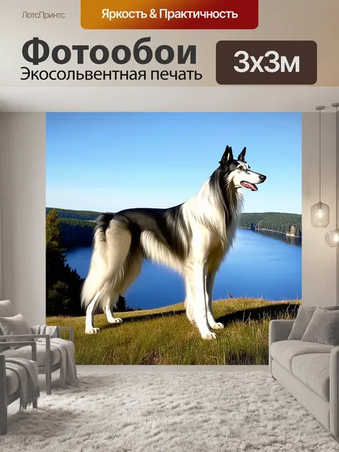 Фотообои борзая, стоящая на вершине холма с видом на озеро, выглядит величественно на фоне спокойного пейзажа