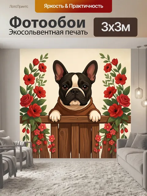 Фотообои Французский бульдог среди красных цветов