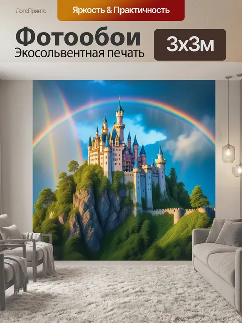 Фотообои сказочный замок, окруженный радугой