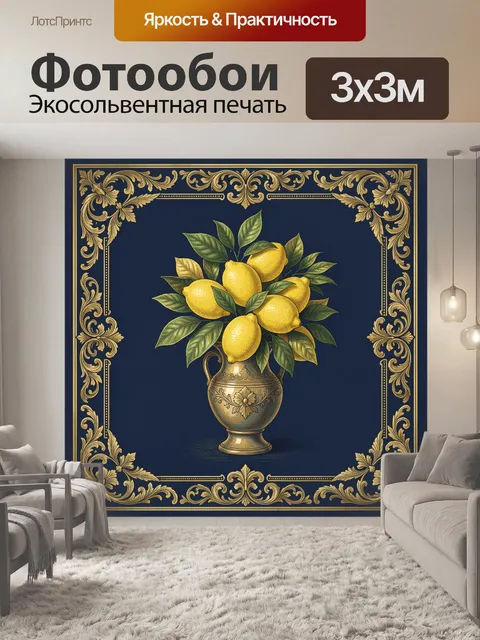 Фотообои Лимоны в золочёной вазе с орнаментом