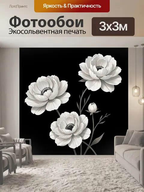 Фотообои Белые цветы на черном фоне