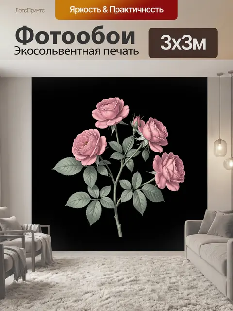 Фотообои Ветвь розовых роз на чёрном фоне