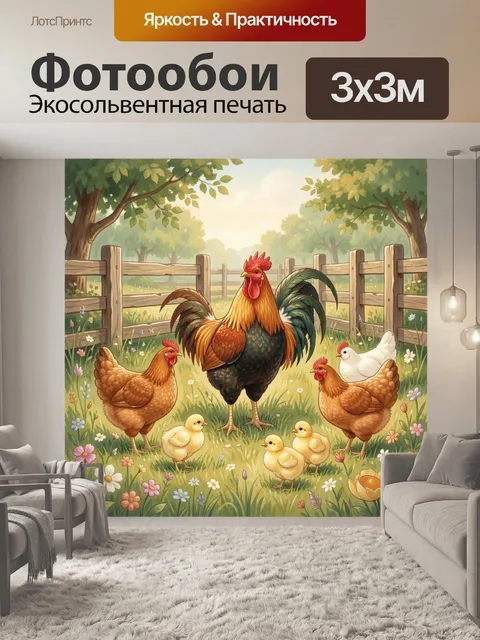Фотообои Петух, куры и цыплята на лугу
