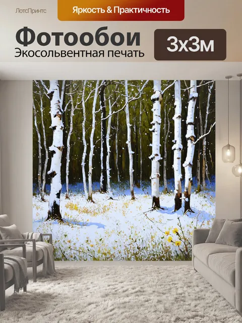 Фотообои метель в лесу, где берёзы с белоснежными стволами стоят под легким слоем снега