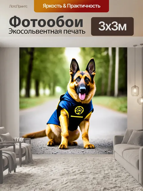Фотообои овчарка в костюме супергероя, готовая к приключениям