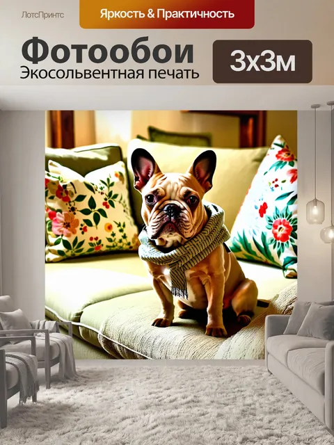Фотообои французский бульдог, одетый в стильный шарф, сидит на уютном диване в интерьере в стиле прованс с…