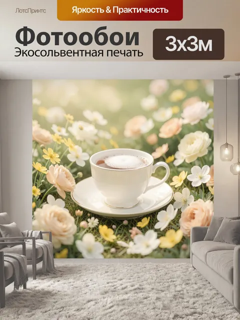 Фотообои Чашка кофе среди цветов